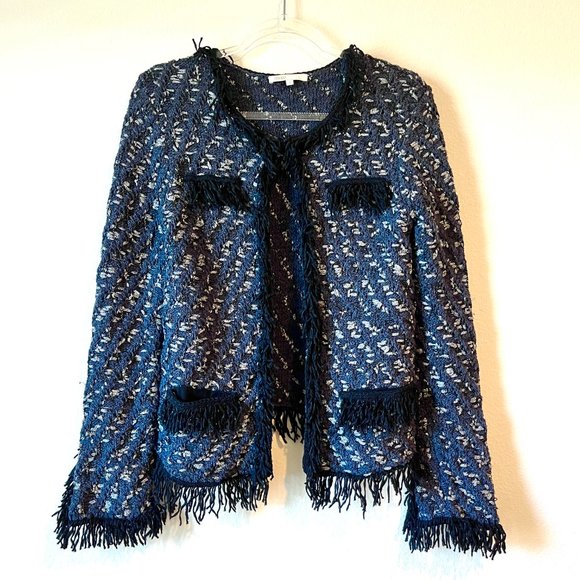 Maje Tweed Cardigan Sweater Jacket Blazer Woven Gray Metallic Fringe Size 2 - Picture 13 of 14